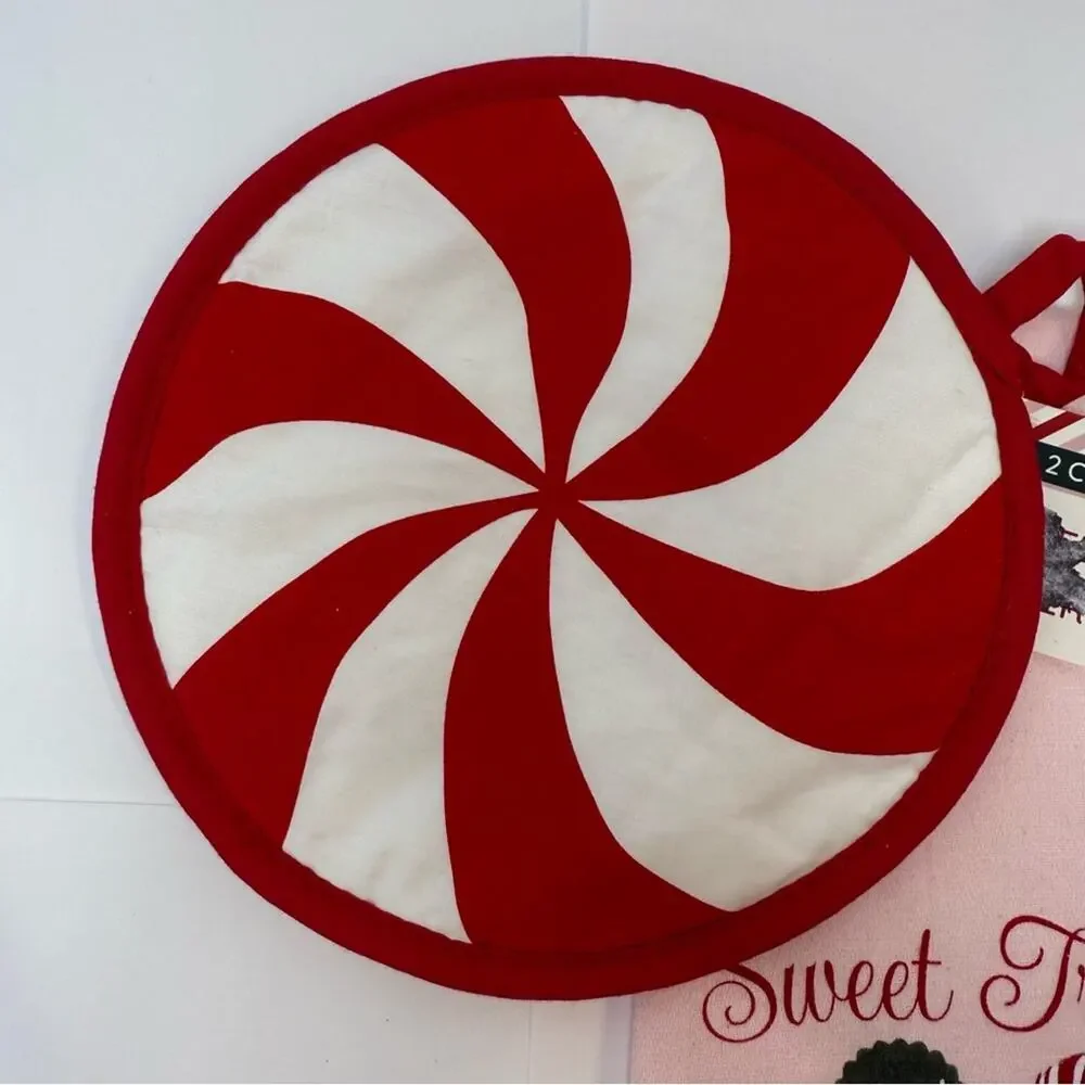 Christmas Peppermint Pot Holder & Dish Towel Set Candy Cane Kitchen Decor NEW